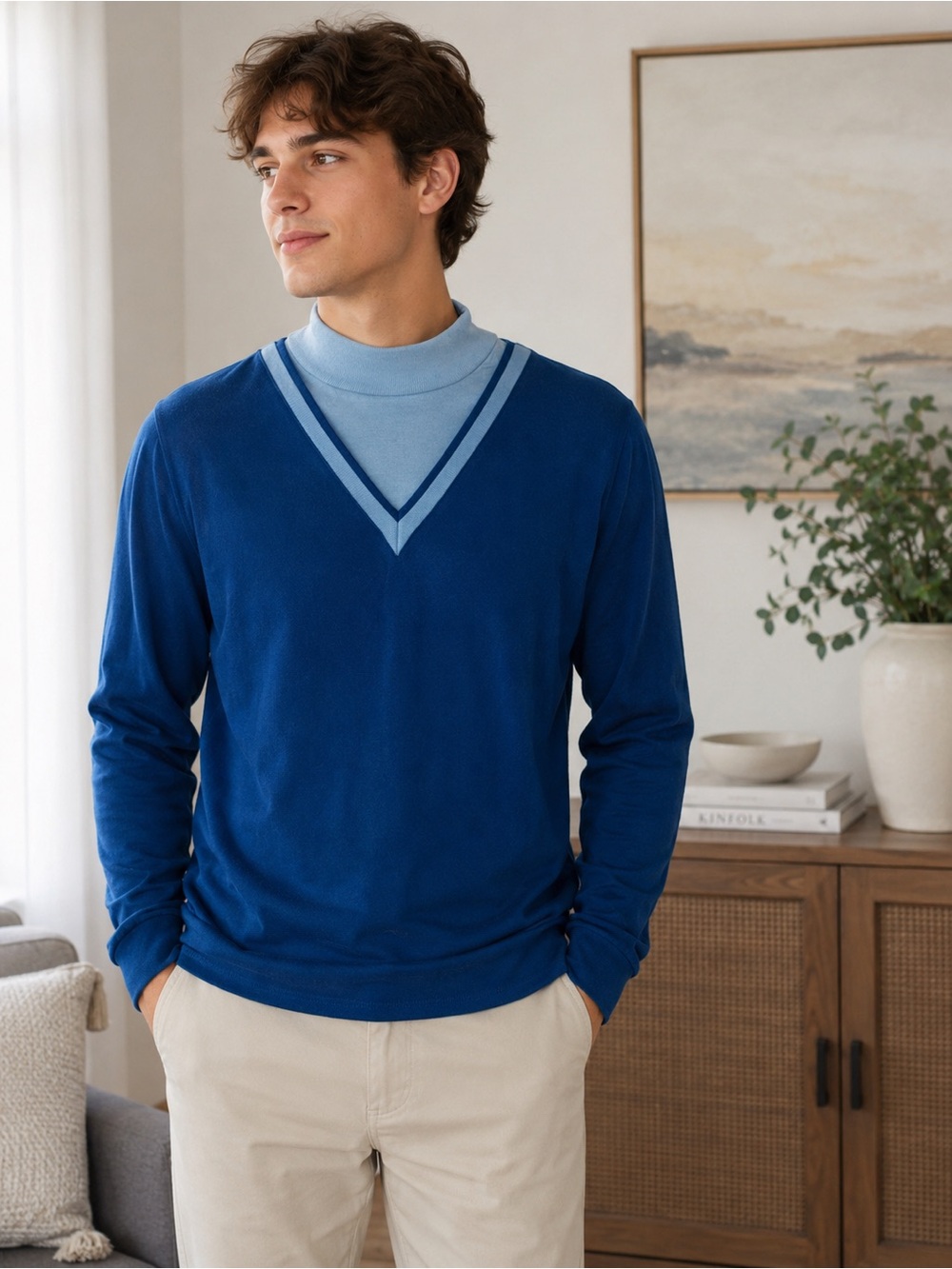 Vintage Pescara Blue Layered Mock Neck Sweater– Like New